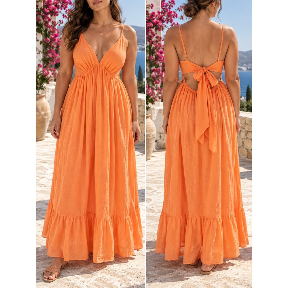 MABLE Open Back Maxi Vacation Dress Orange Large
